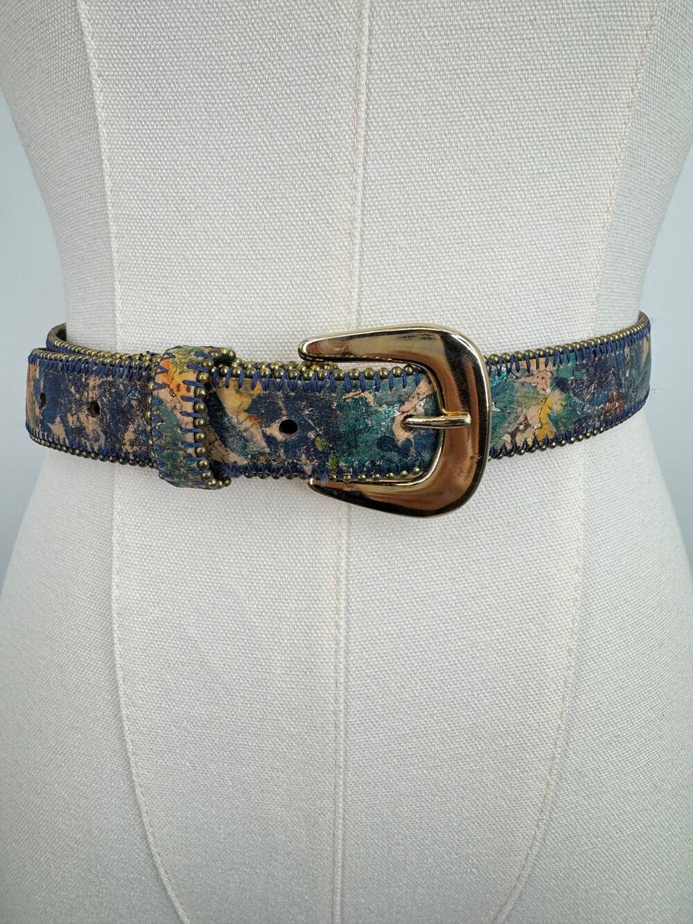 Vintage belt women's S/M watercolor abstract print beaded leather blue gold boho